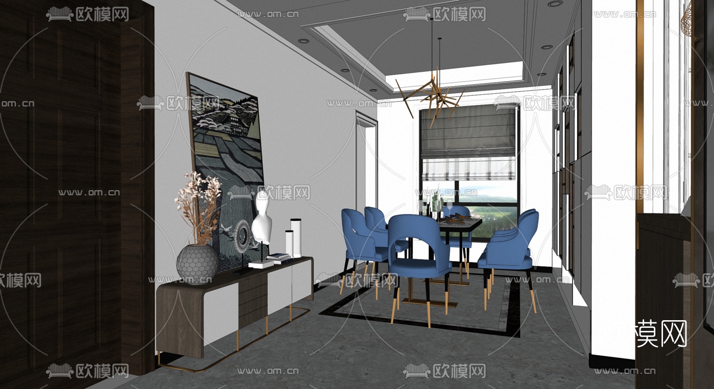 现代轻奢客餐厅su模型下载（渲染图2）