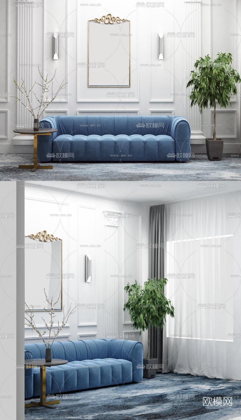 简欧布艺双人沙发3d模型下载（渲染图3）