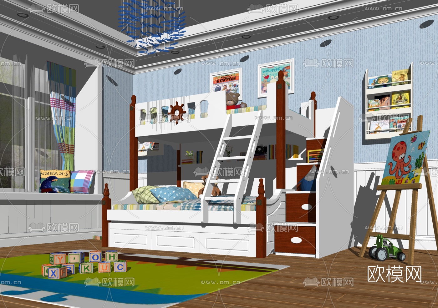 欧式儿童上下床su模型下载（渲染图1）