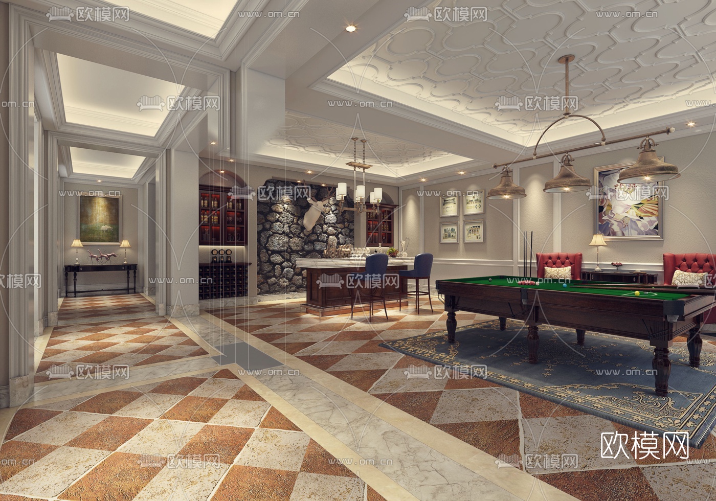 美式地下室台球室3D模型下载
