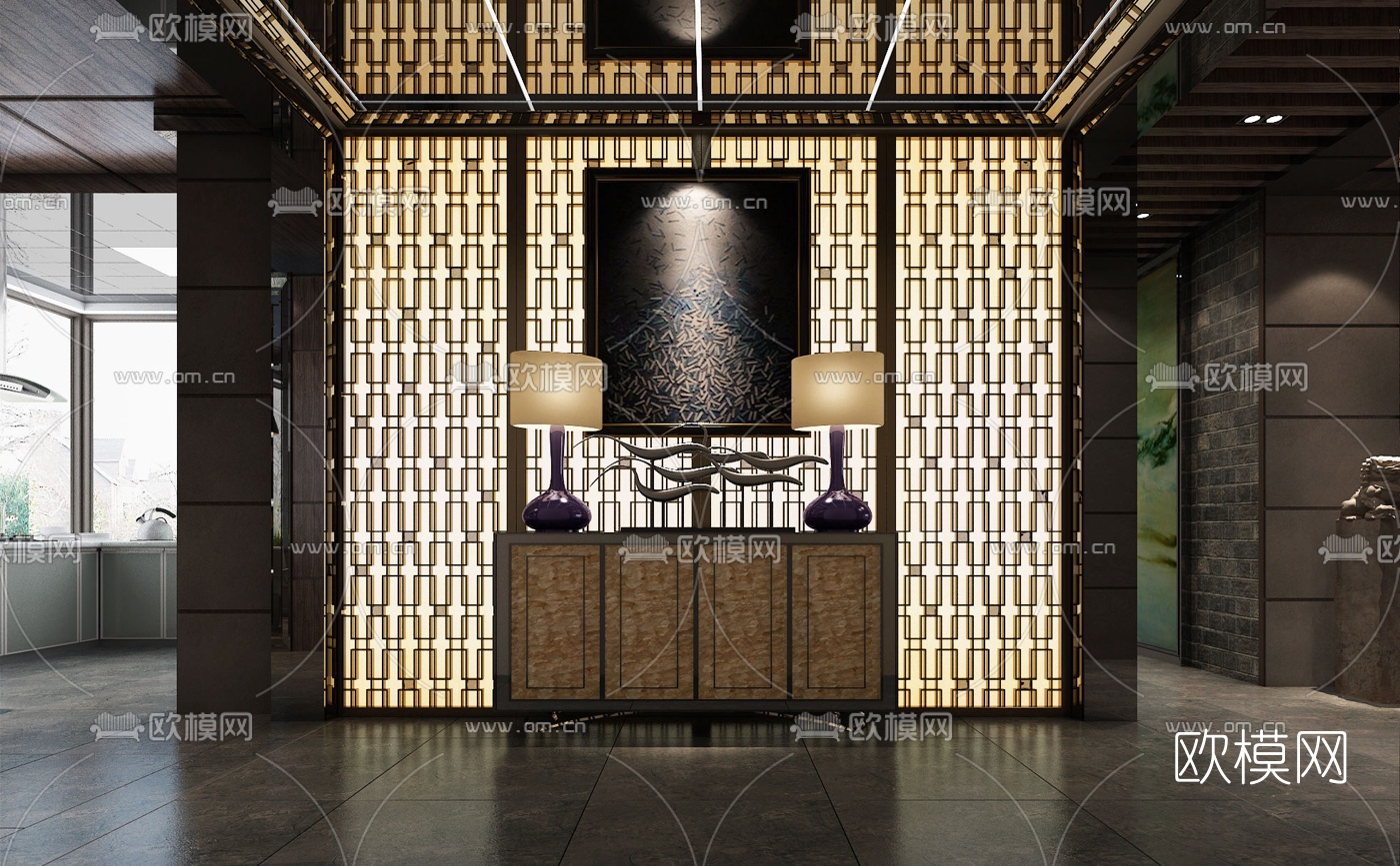 中式客厅餐厅玄关3D模型下载（渲染图1）