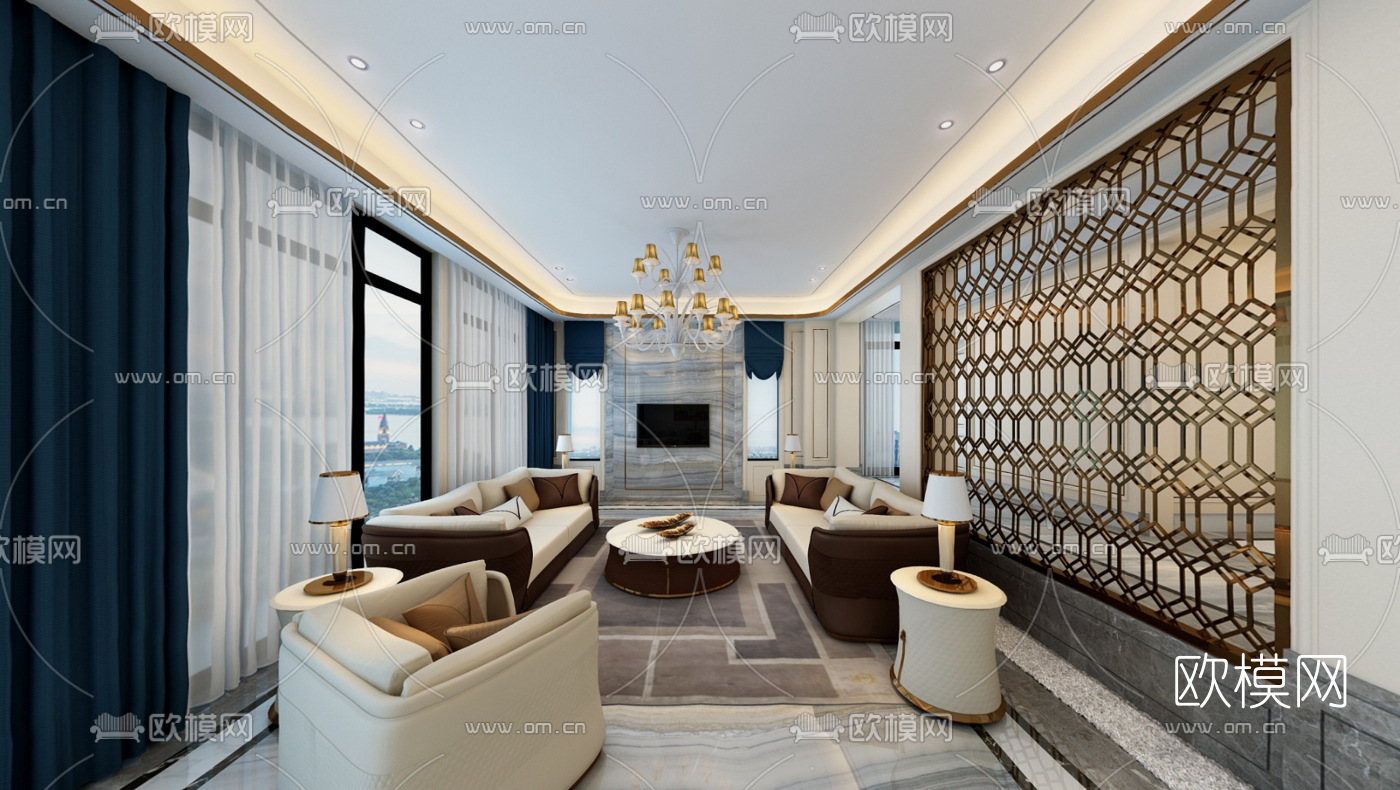 现代客厅餐厅全景3D模型