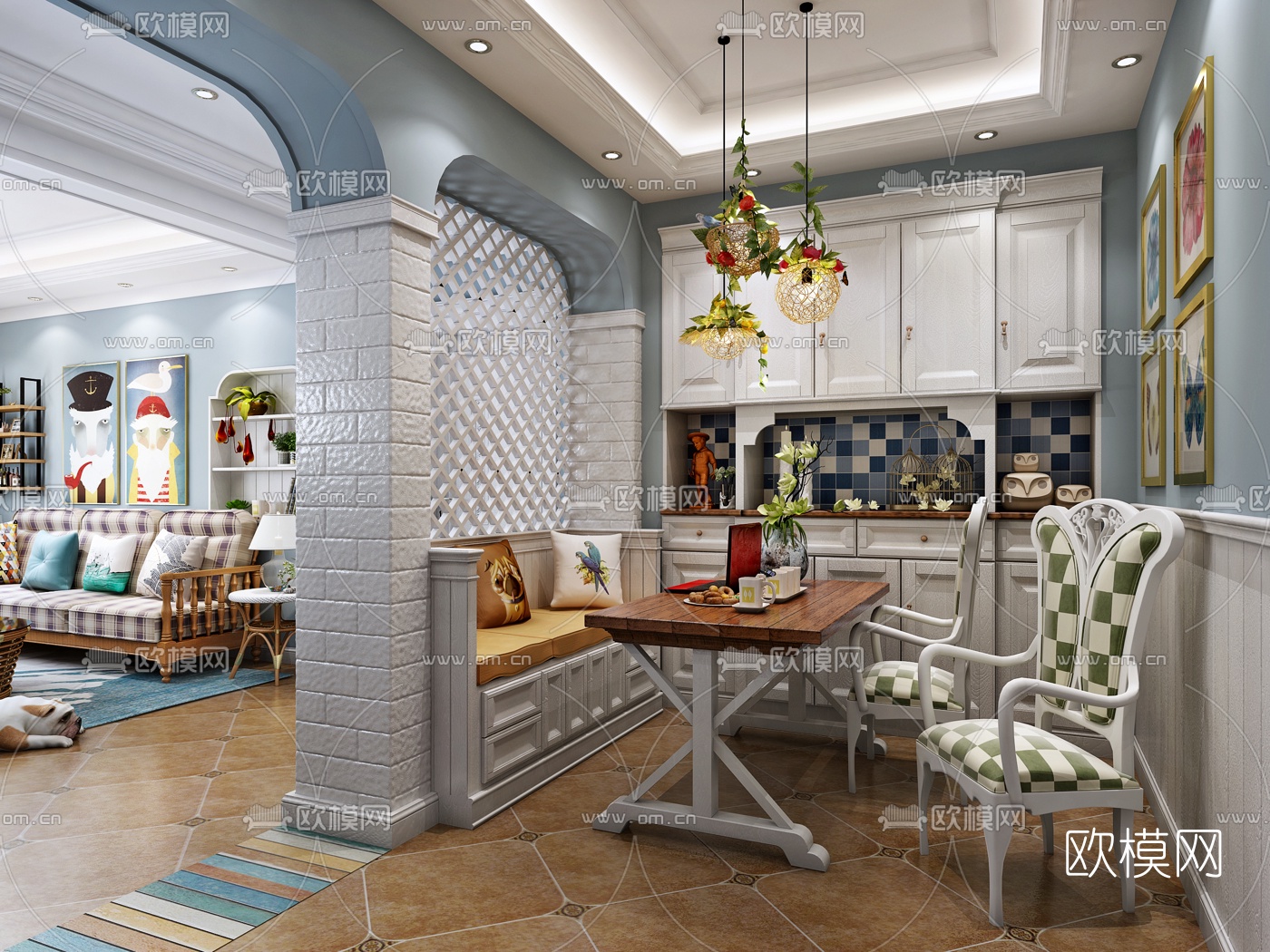 地中海客厅餐厅3D模型下载（渲染图2）