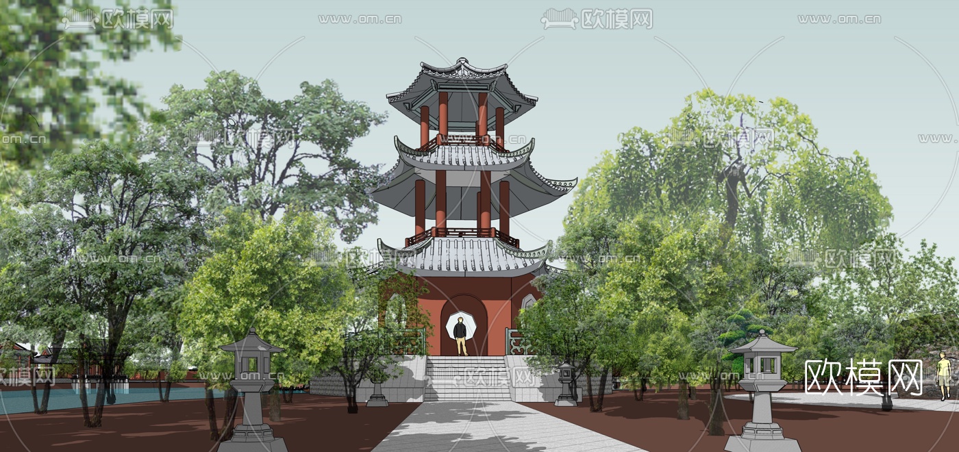 中式园林景观su模型下载（渲染图2）
