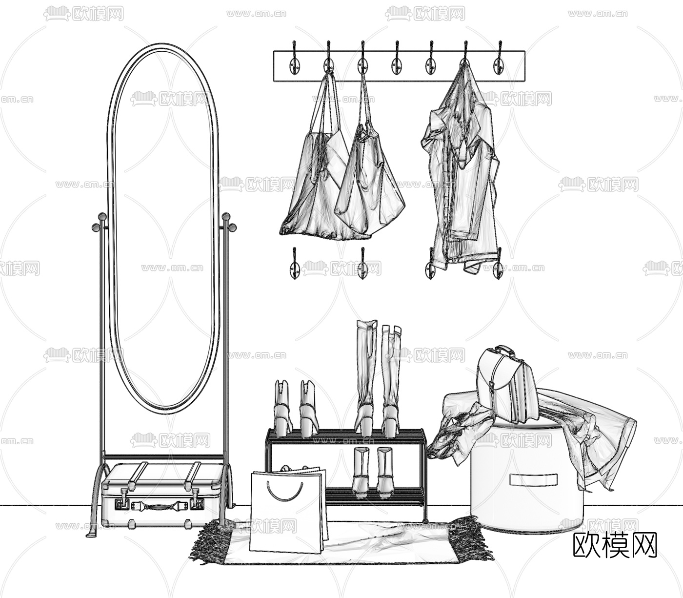 工业风装饰架镜子服饰组合3d模型下载（渲染图4）