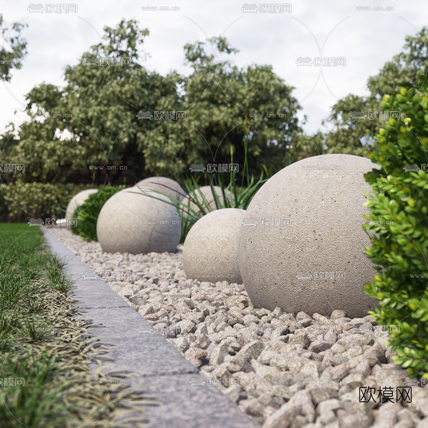 现代水泥圆石园艺小品模型下载（渲染图4）