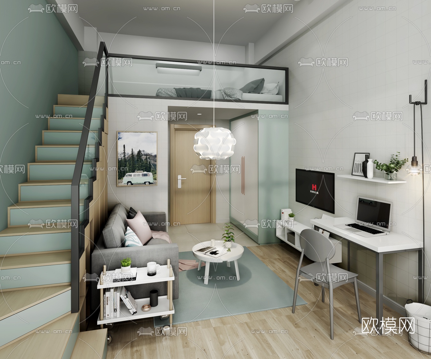 北欧复式公寓客厅卧室3D模型