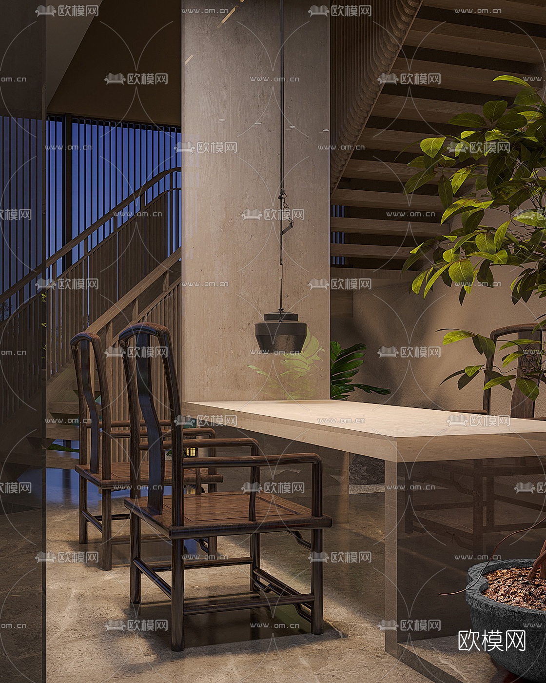 新中式茶楼楼梯间3d模型下载（渲染图2）