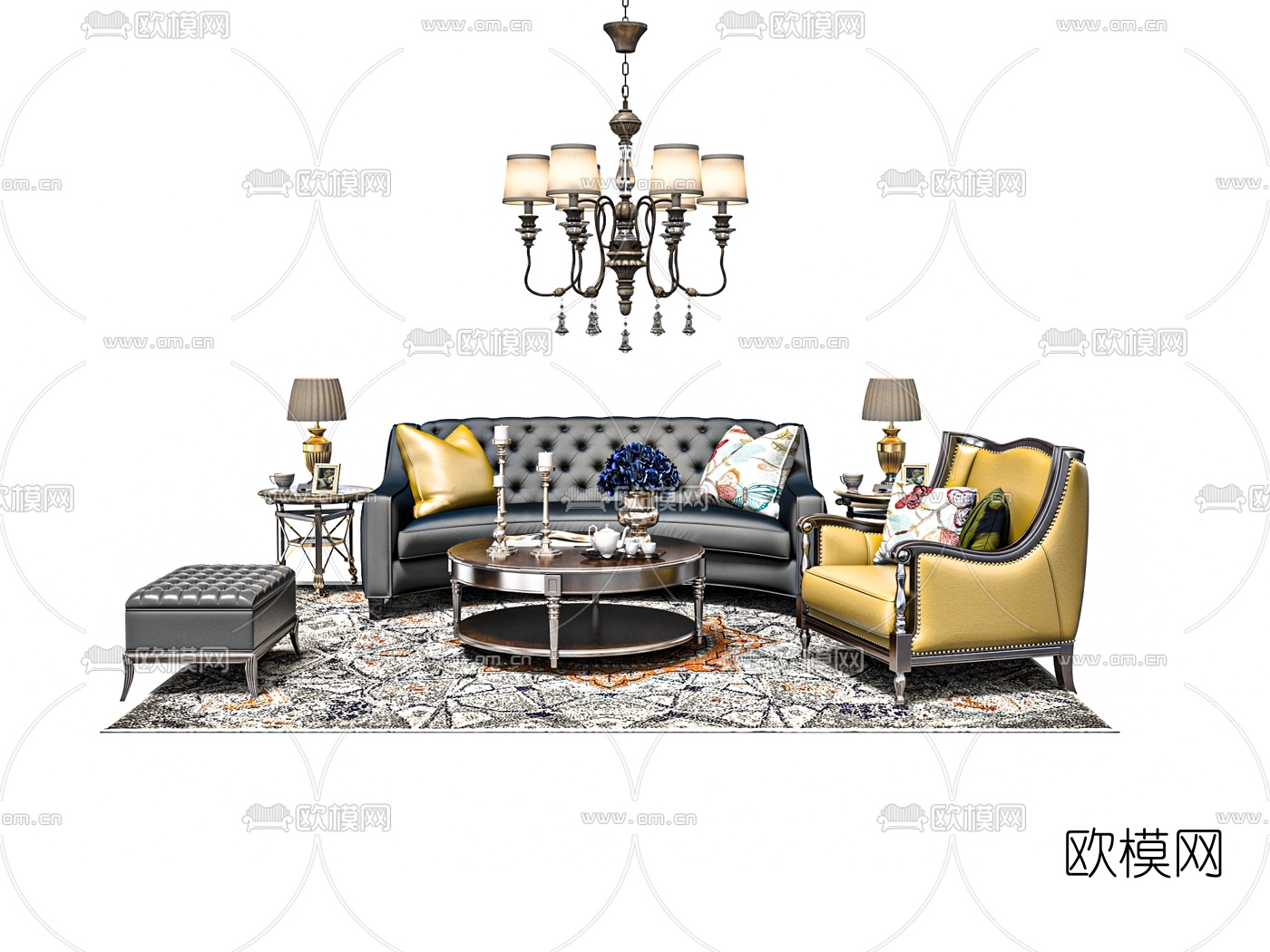 美式皮革沙发组合su模型下载（渲染图1）