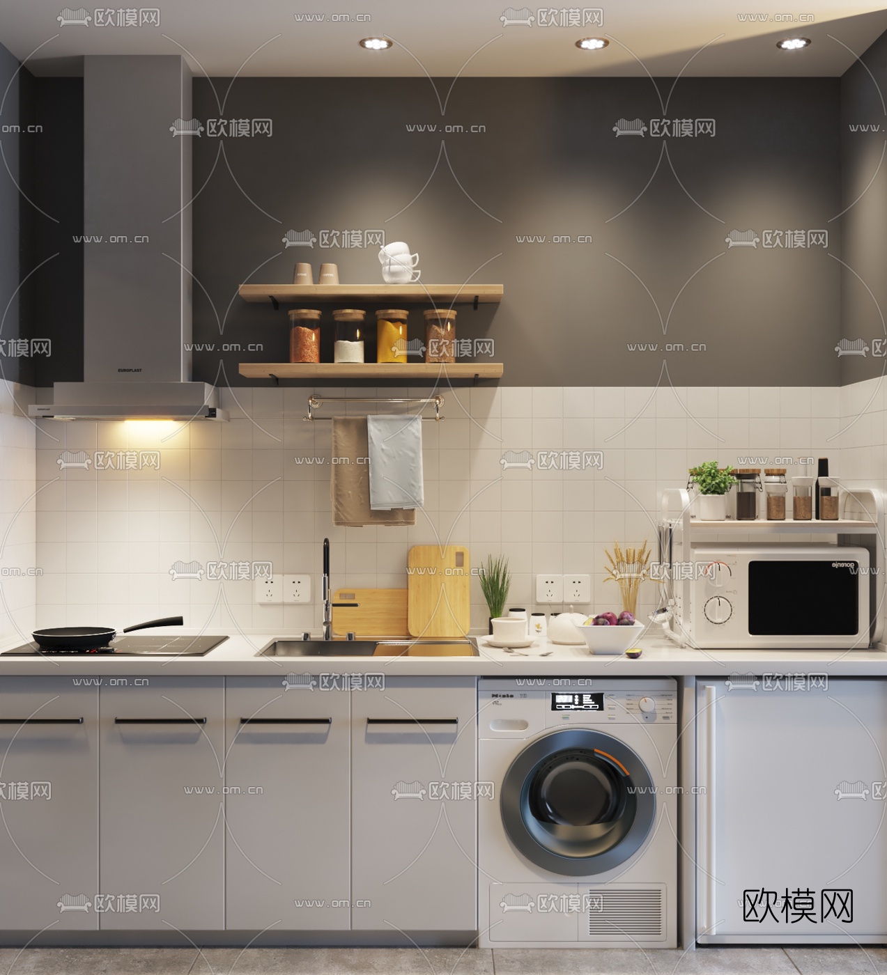 现代橱柜滚筒洗衣机3d模型下载（渲染图1）