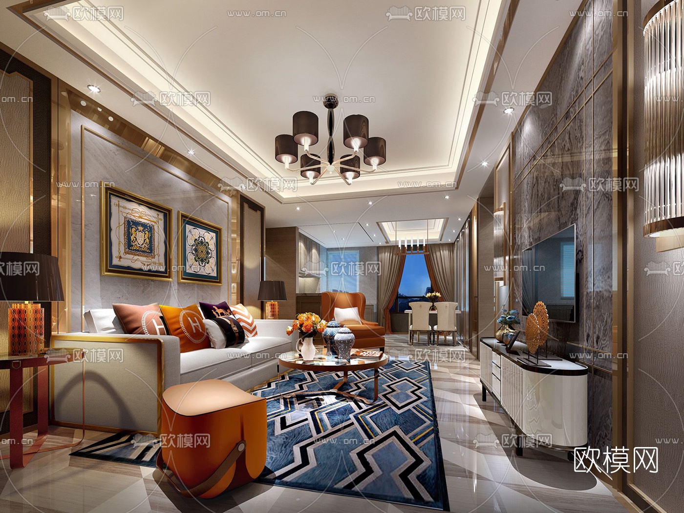 现代轻奢客厅餐厅su模型下载（渲染图2）