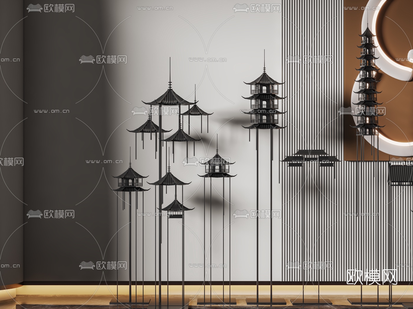新中式屋檐阁楼摆件3d模型