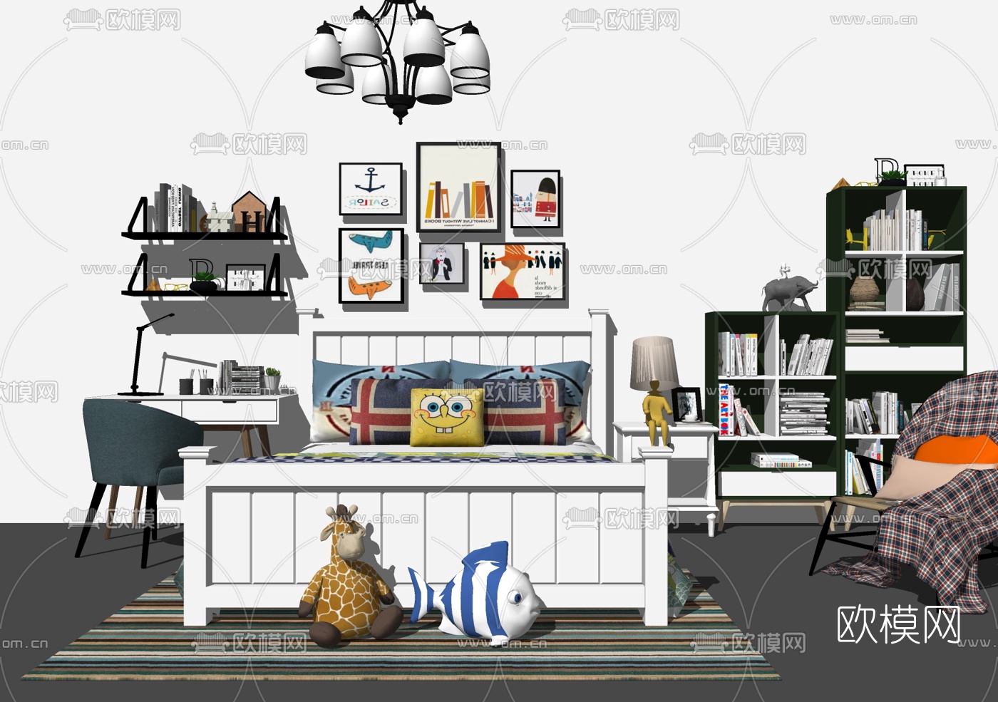 美式儿童床书桌组合su模型下载