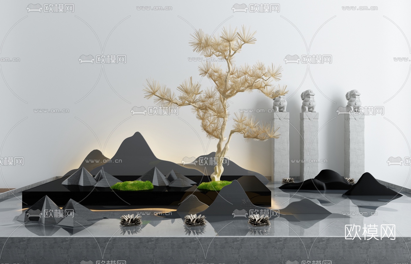 新中式干树假山园艺小品3d模型下载