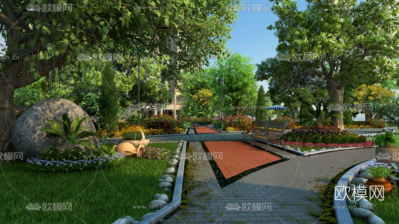 现代小区园林景观3d模型下载