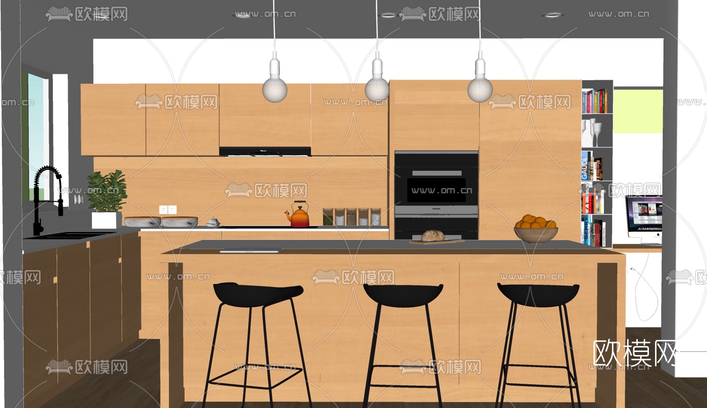 现代开放式厨房su模型下载（渲染图1）