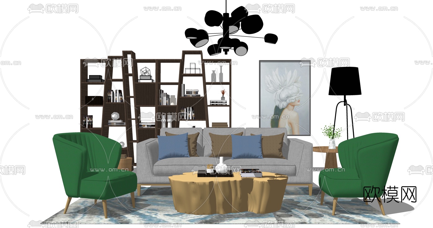 现代布艺沙发组合su模型下载