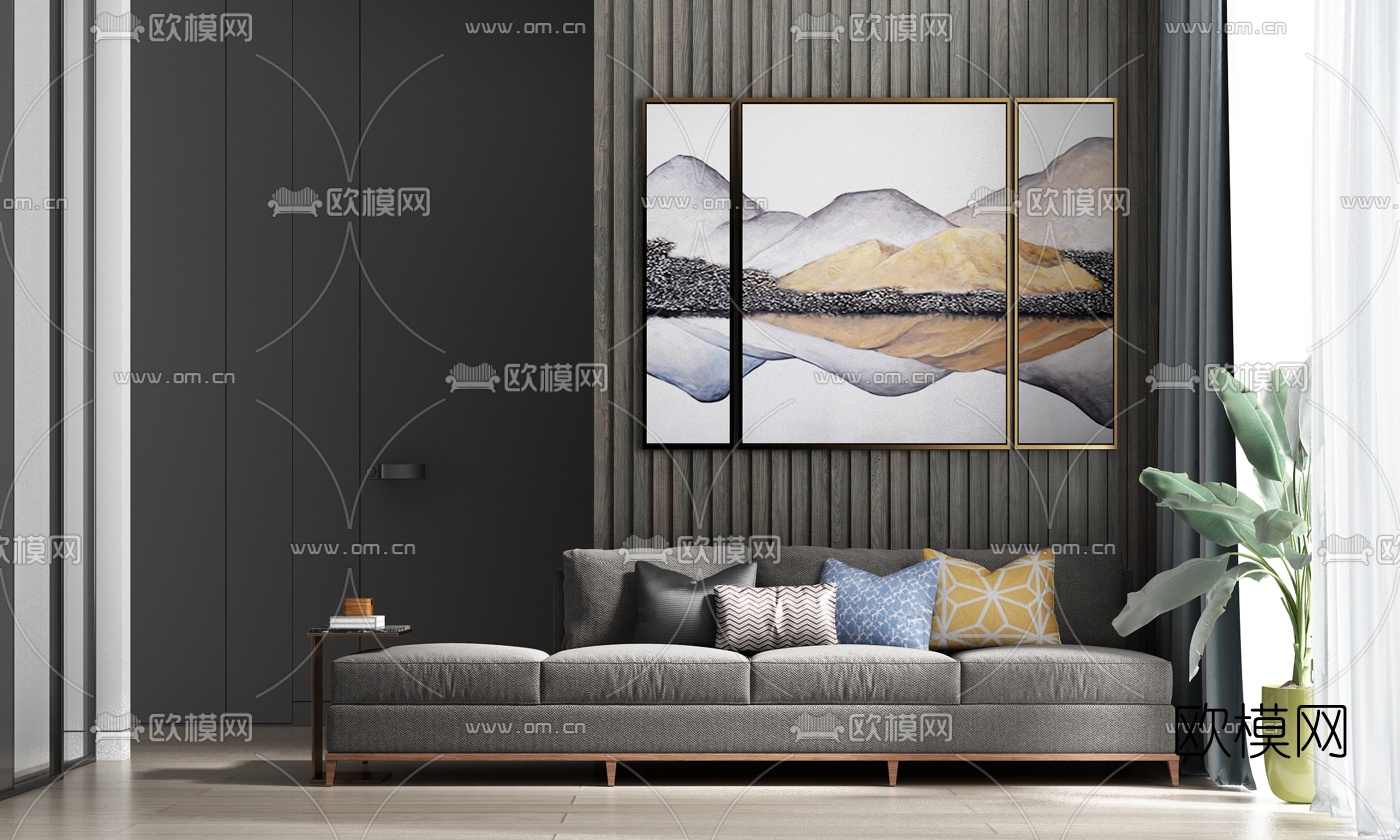 现代轻奢布艺多人沙发角几绿植组合3d模型下载