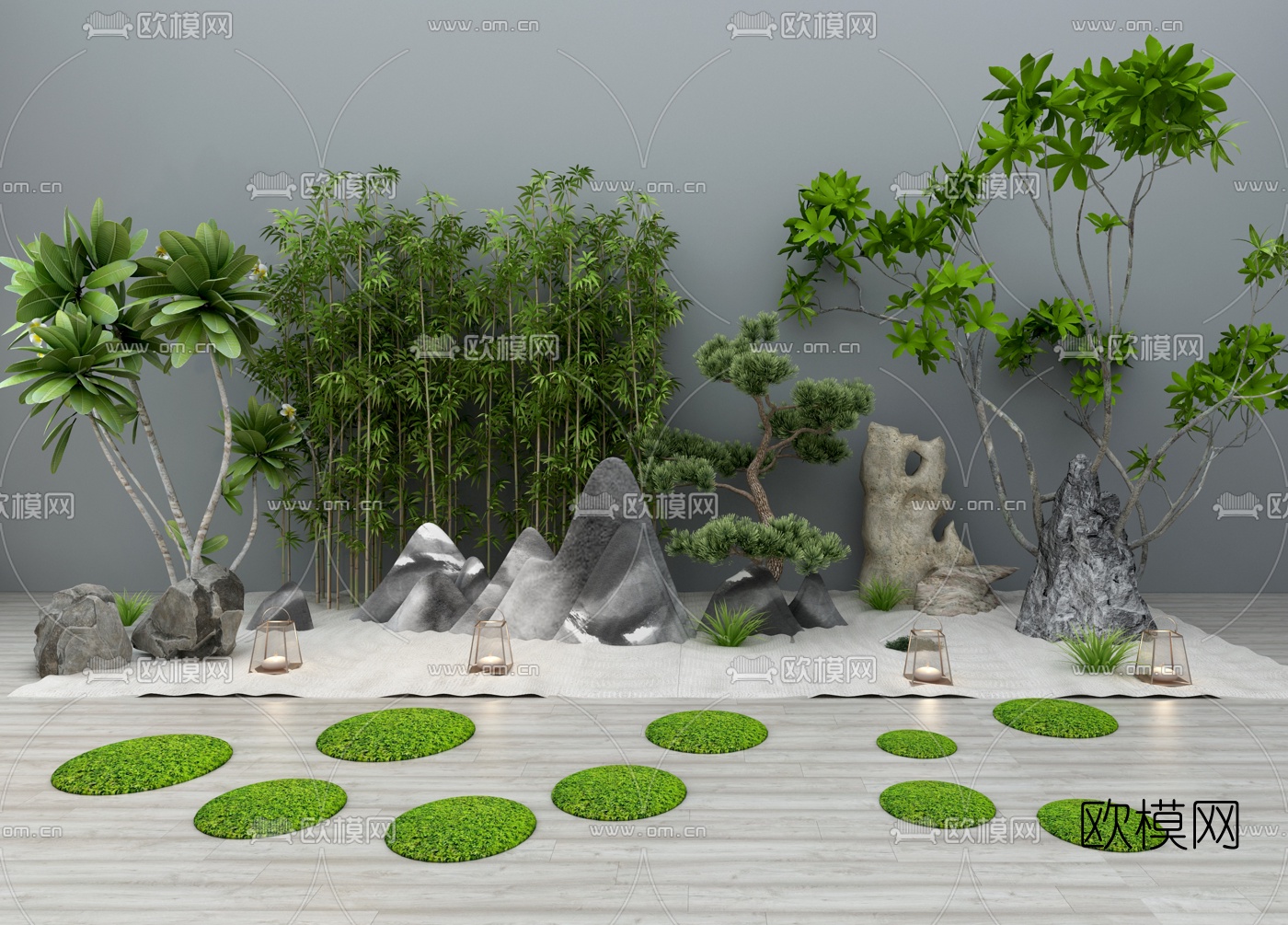 新中式竹子假山石头园艺小品3d模型下载
