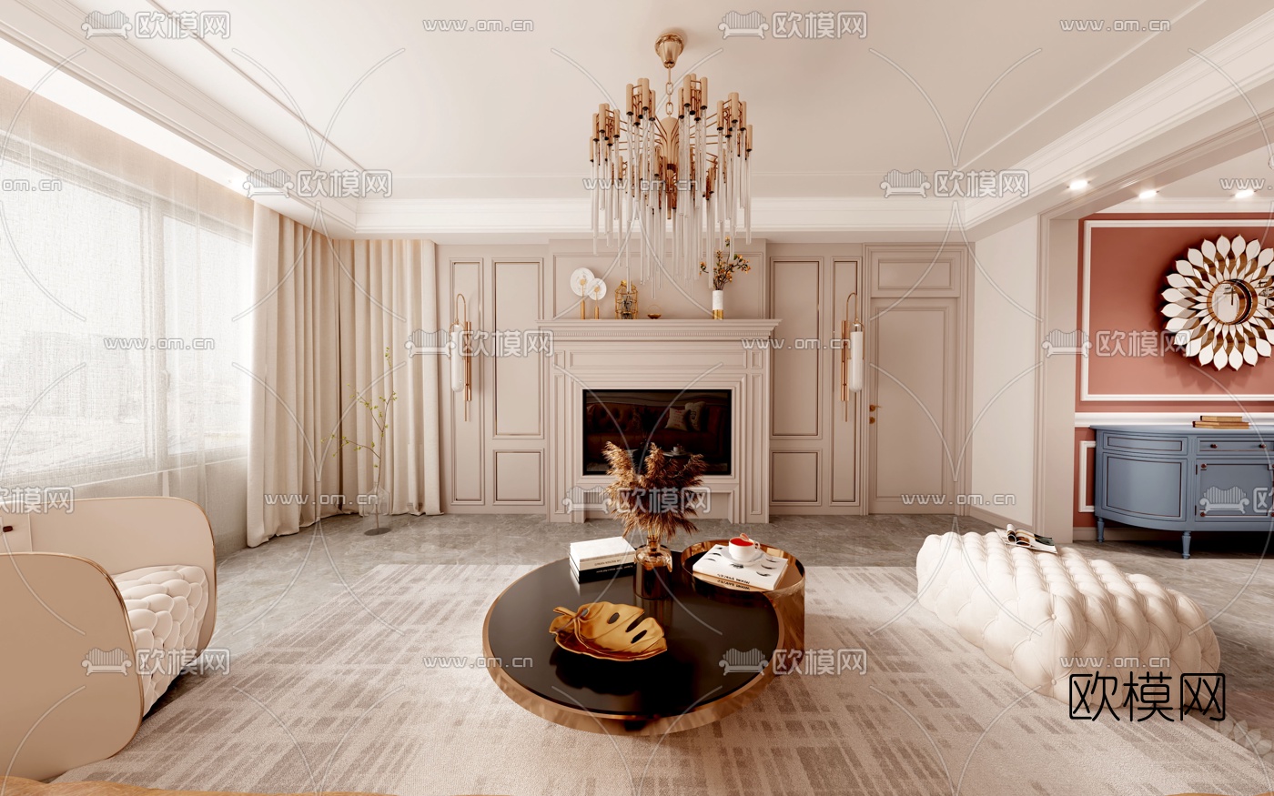 简美轻奢客厅餐厅3d模型下载（渲染图2）