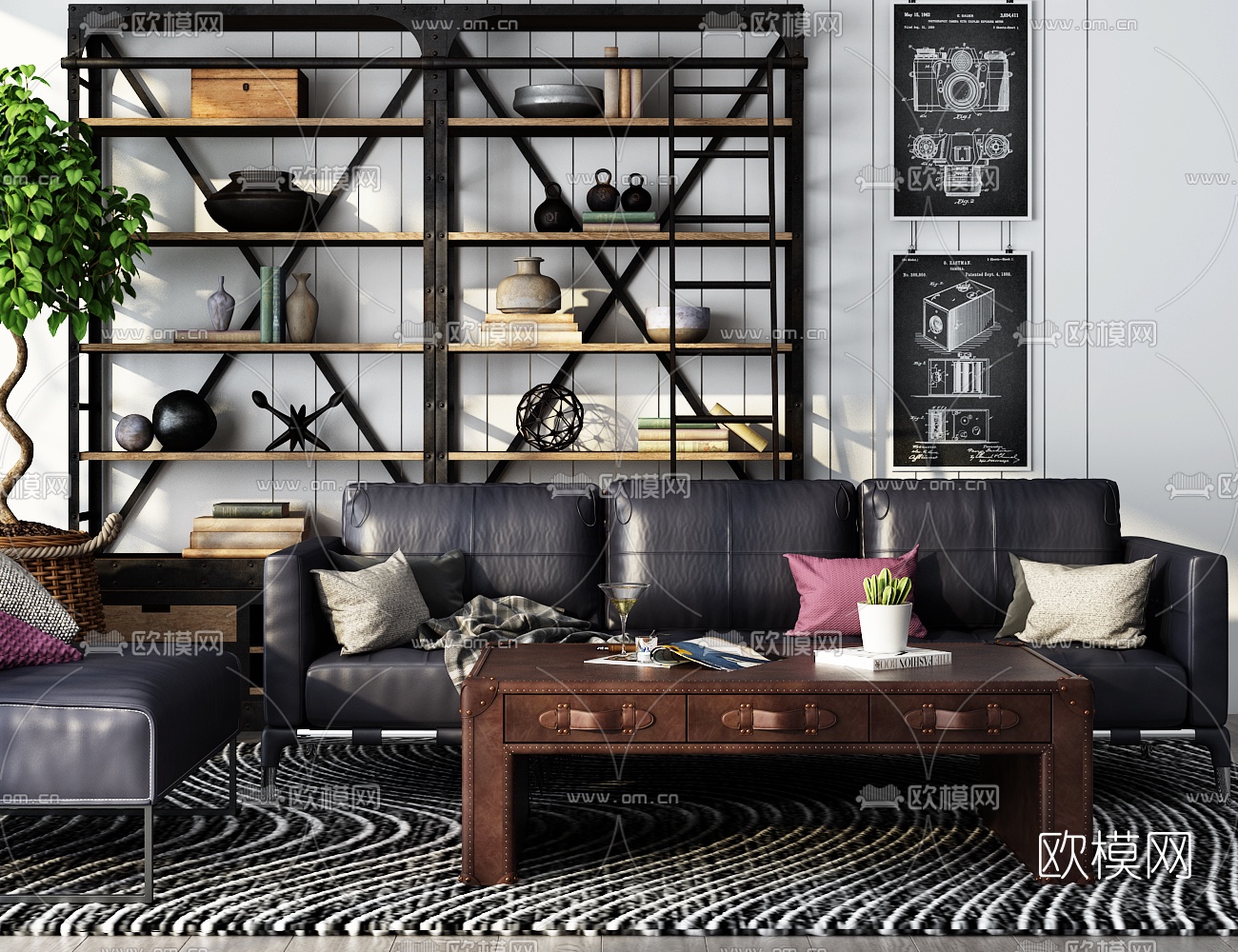 工业风沙发茶几装饰架摆件组合3D模型下载