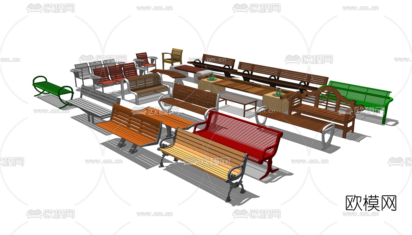 现代户外公用椅组合su模型下载