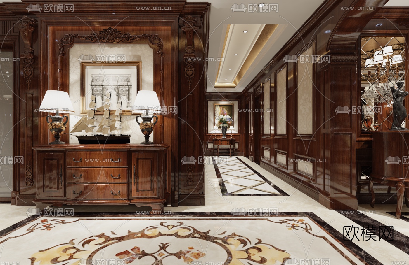 美式客厅餐厅玄关过道全景3D模型