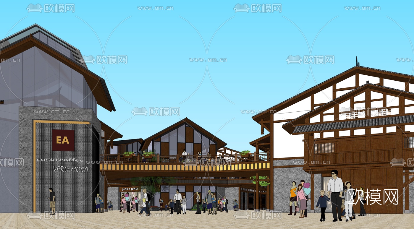 中式商业街规划su模型下载（渲染图2）