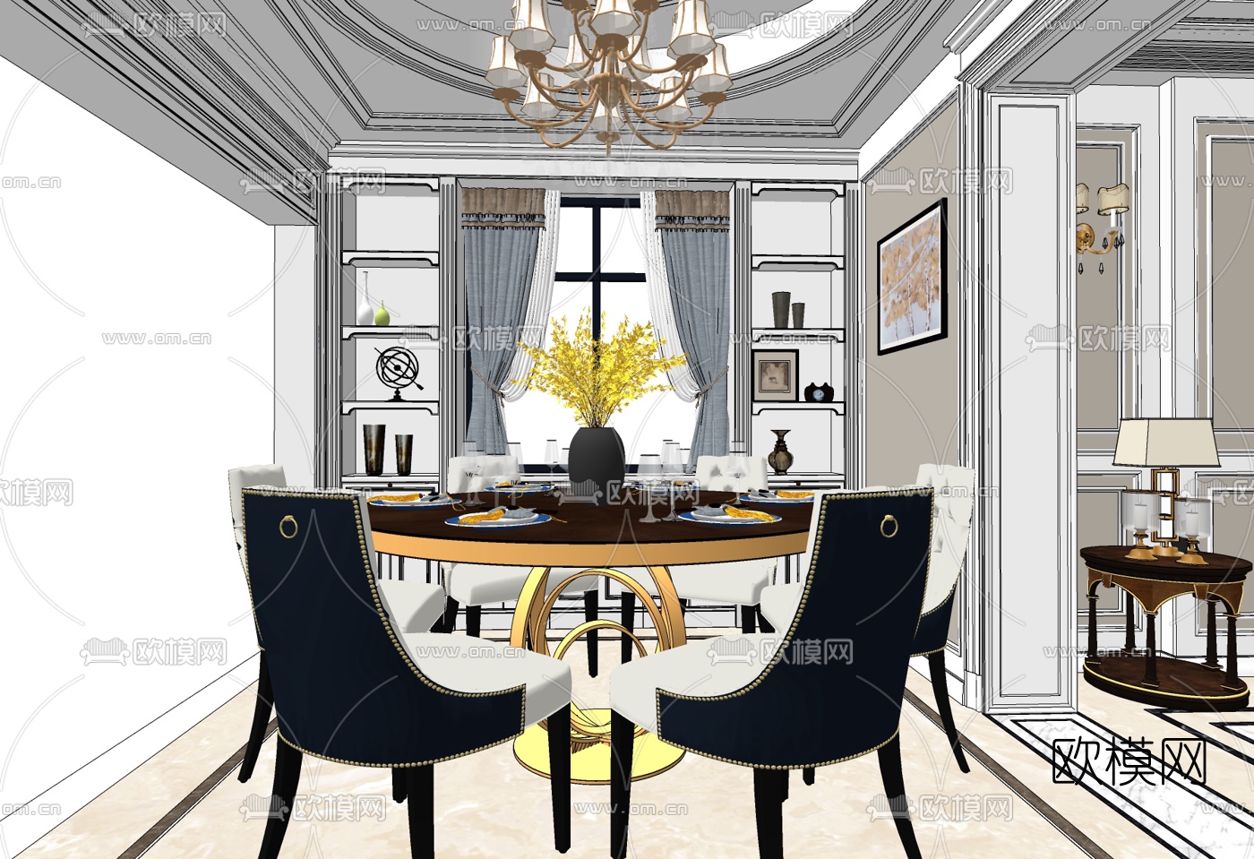 美式轻奢客厅餐厅su模型