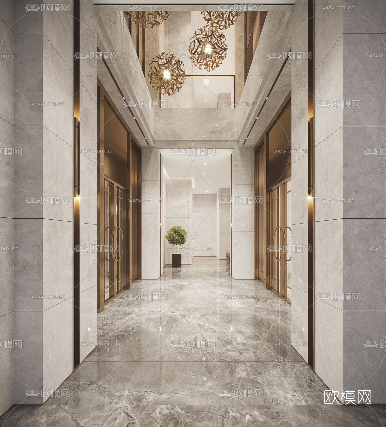 现代酒店前厅走廊过道3d模型下载（渲染图1）