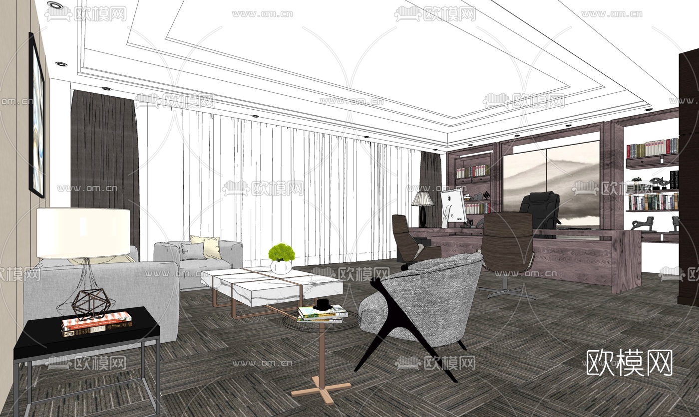 现代总经理办公室su模型下载
