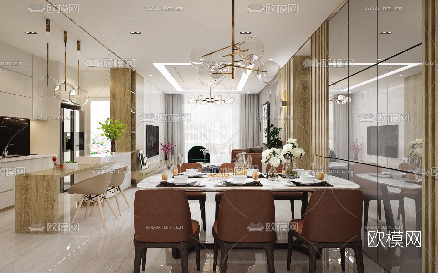 现代客厅餐厅3d模型