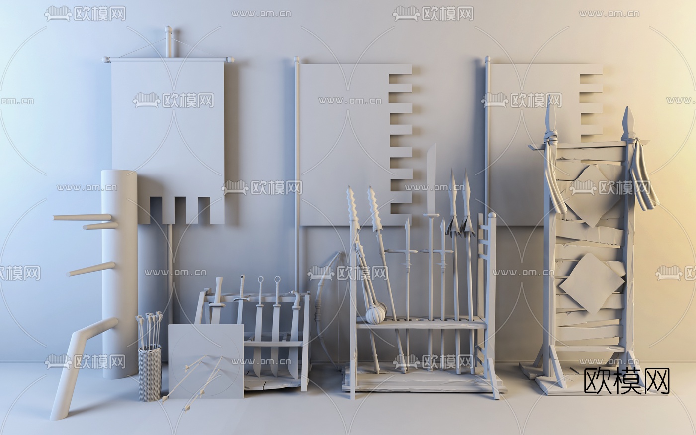 中式武馆兵器架弓箭靶木人桩战旗组合3D模型下载（渲染图2）