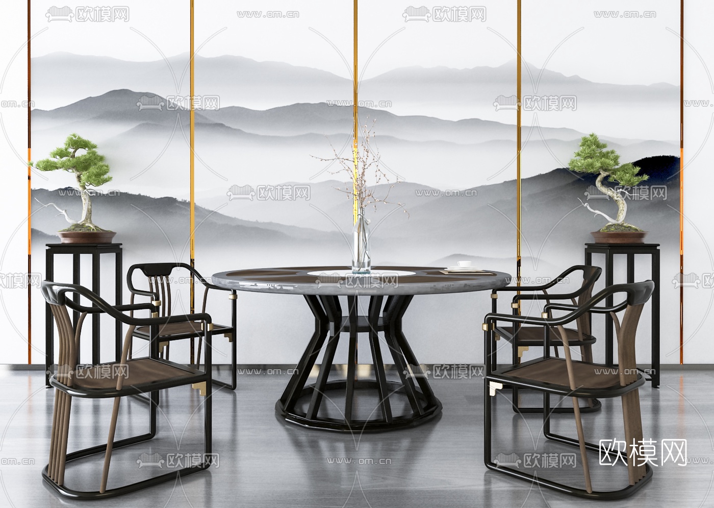 新中式圆形餐桌椅3d模型