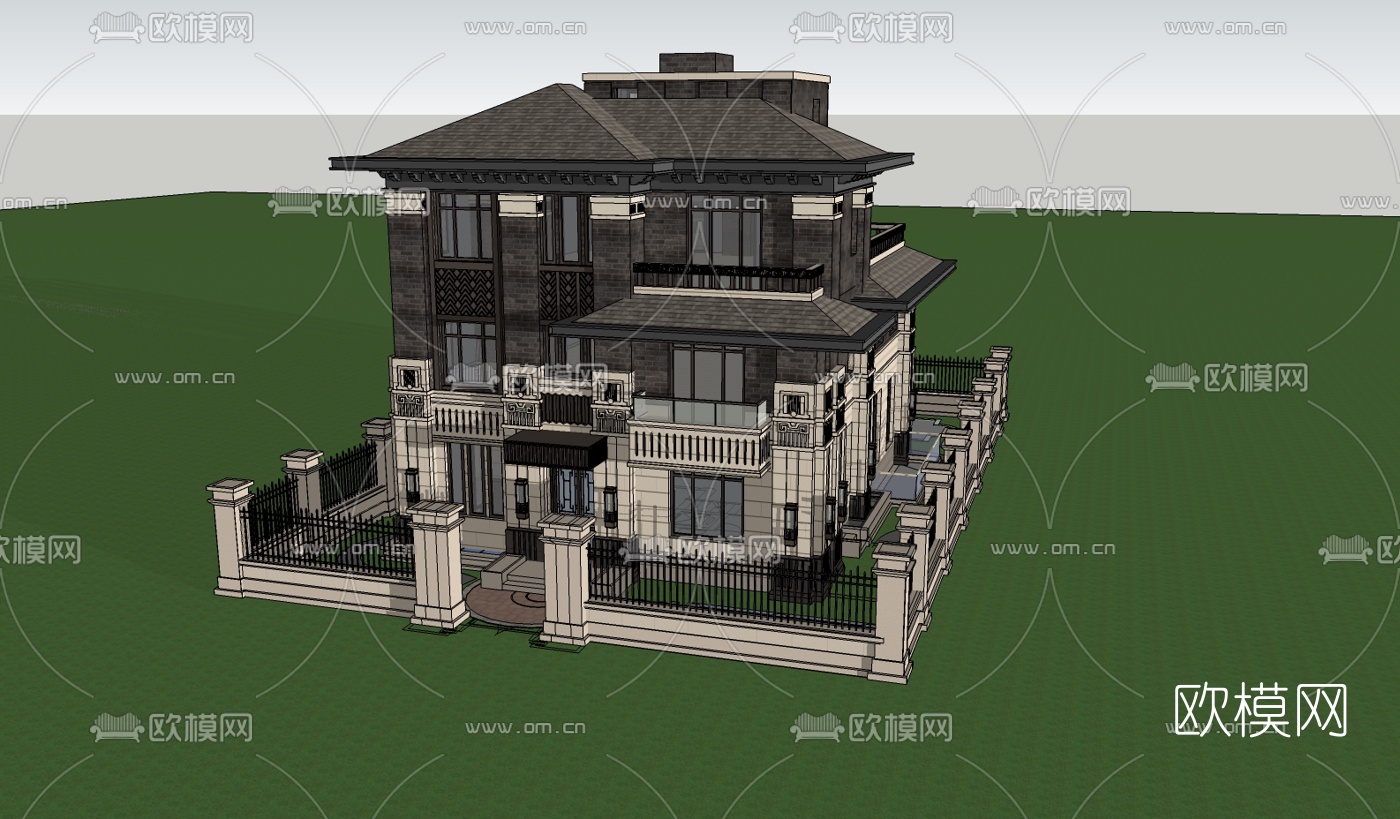 新中式独栋别墅su模型-免费3dmax模型库-欧模网