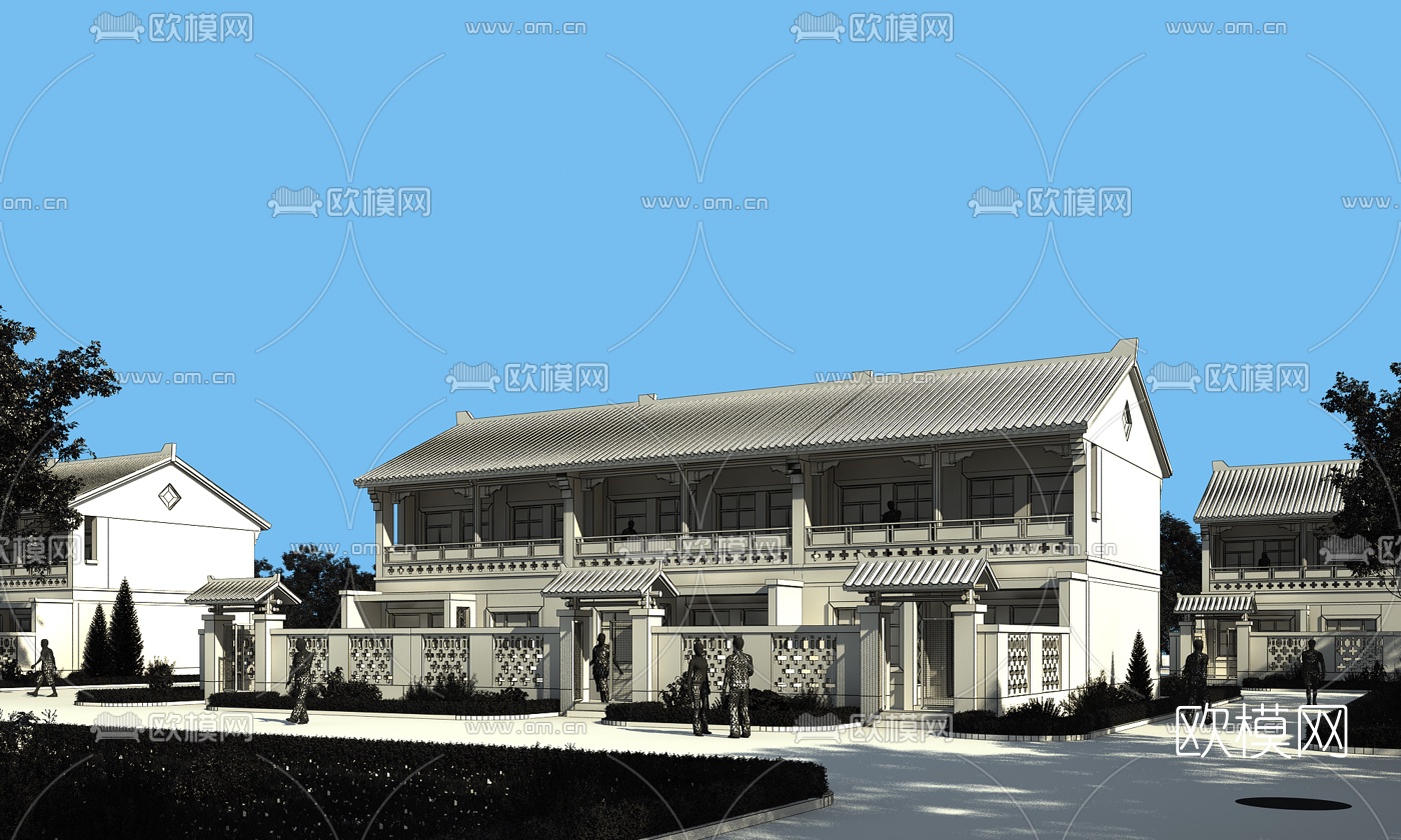 中式联排别墅外观3d模型下载（渲染图2）
