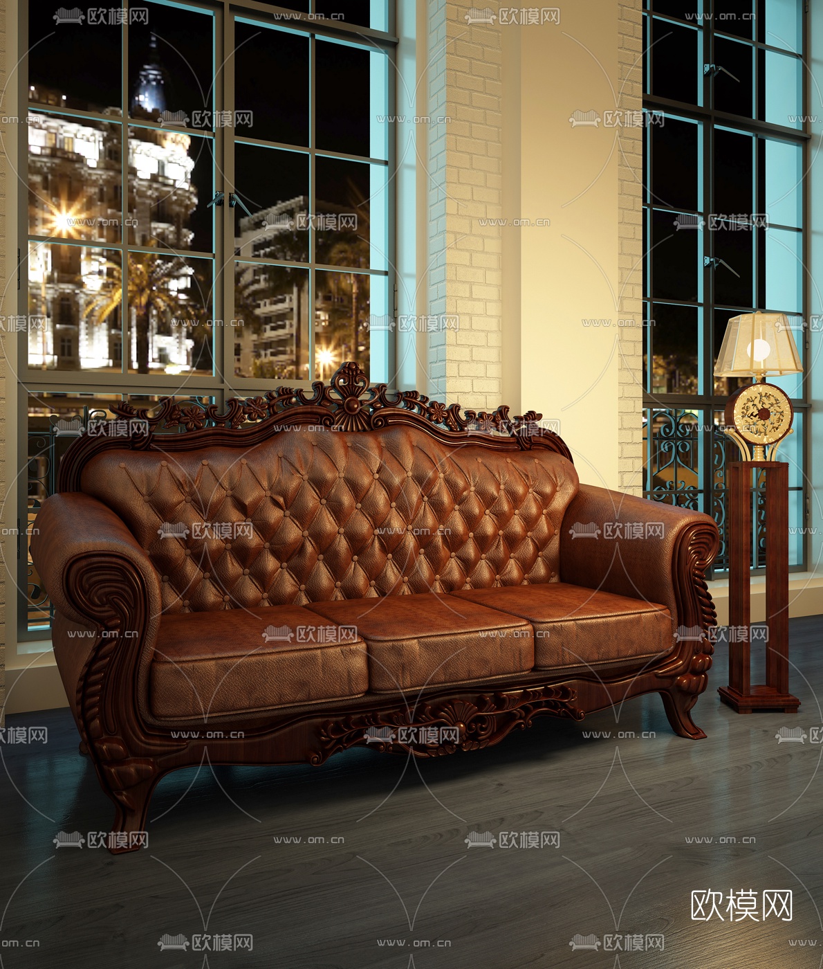美式古典皮革多人沙发  三人沙发3D模型下载