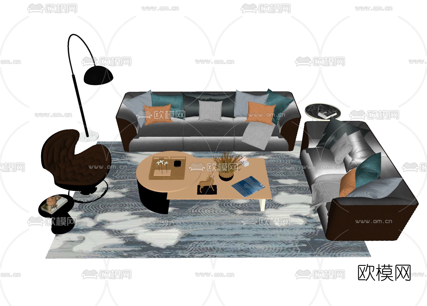 后现代布艺沙发组合su模型下载（渲染图2）