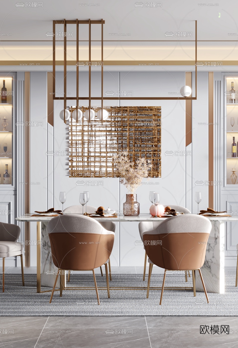 简欧大理石餐桌椅3d模型下载（渲染图2）