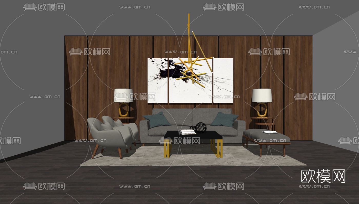 现代布艺沙发组合su模型下载（渲染图2）