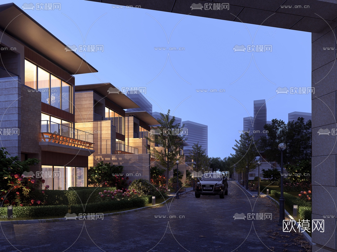现代别墅小区外观夜景3d模型下载