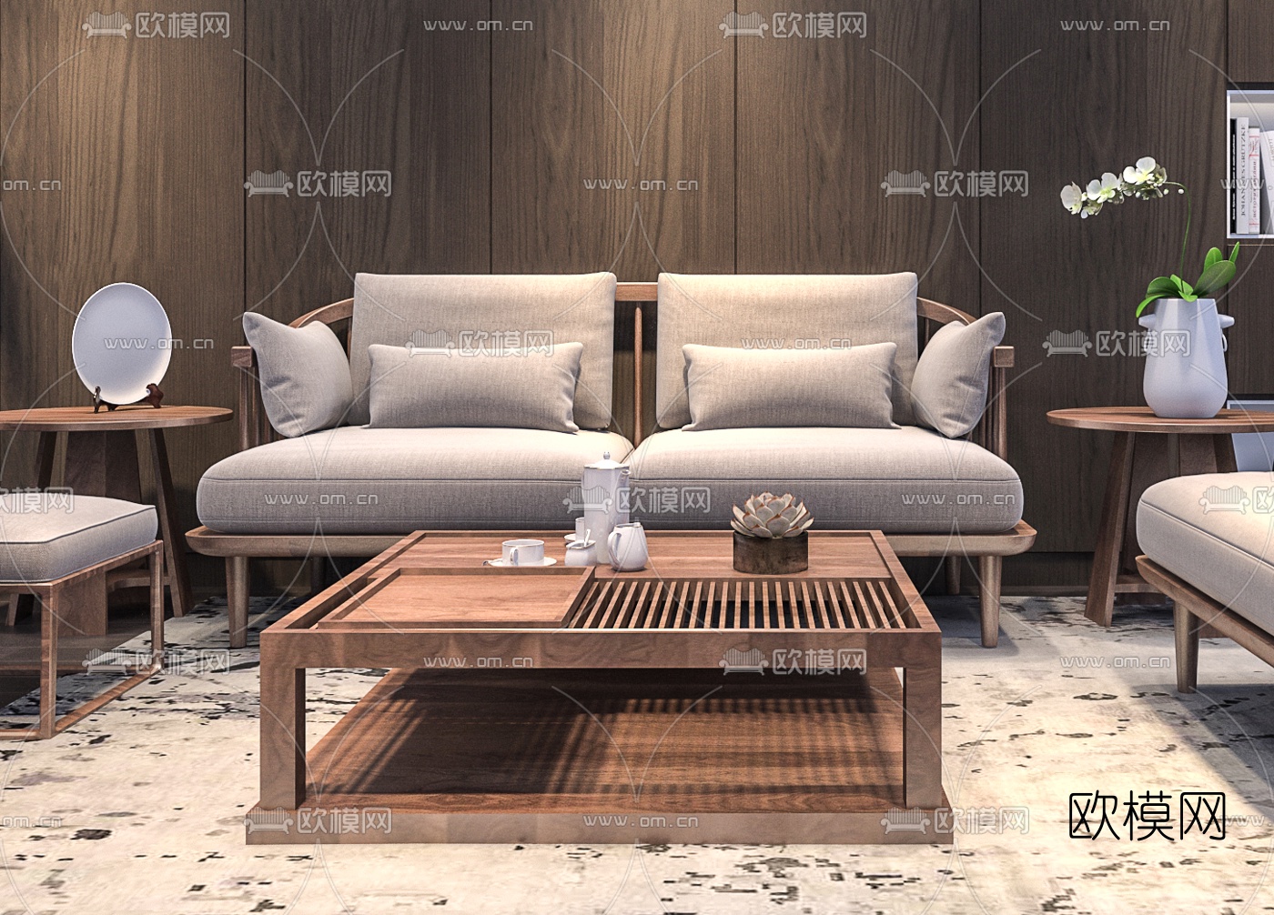 新中式实木沙发茶几组合吊灯摆件3D模型