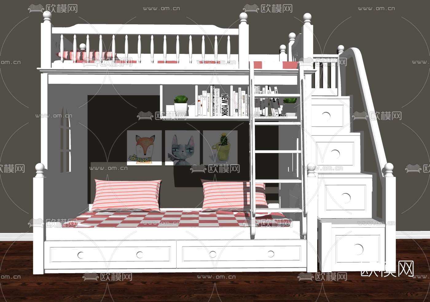 美式实木上下铺儿童床su模型下载