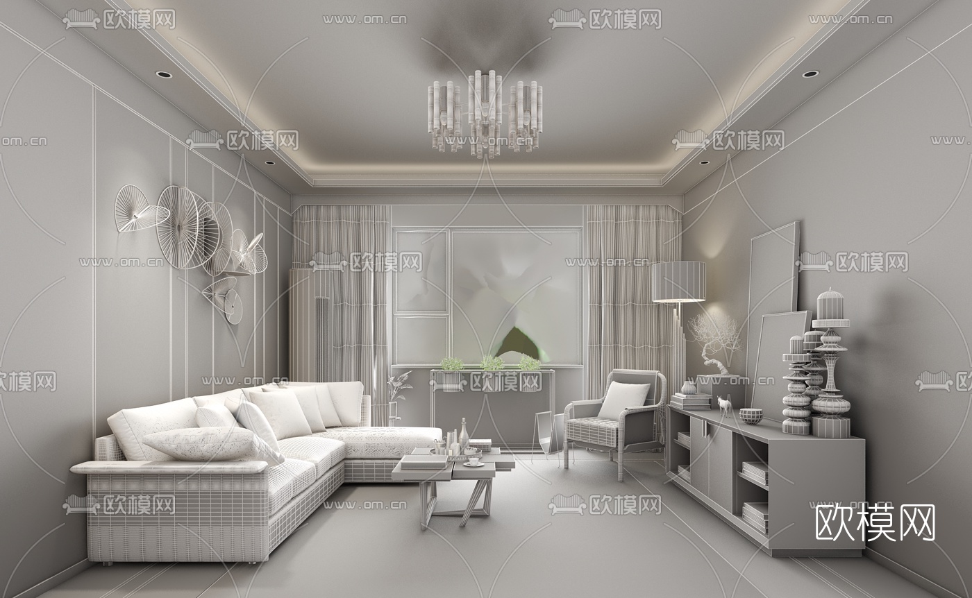 戴勇新作 现代客厅3D模型下载（渲染图2）