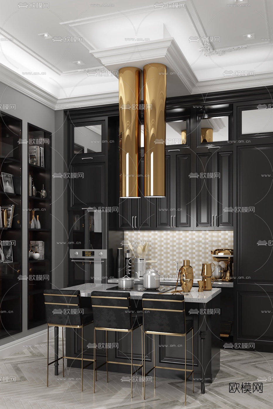 Anastasiia R设计 现代轻奢金属大理石吧台3d模型下载（渲染图1）