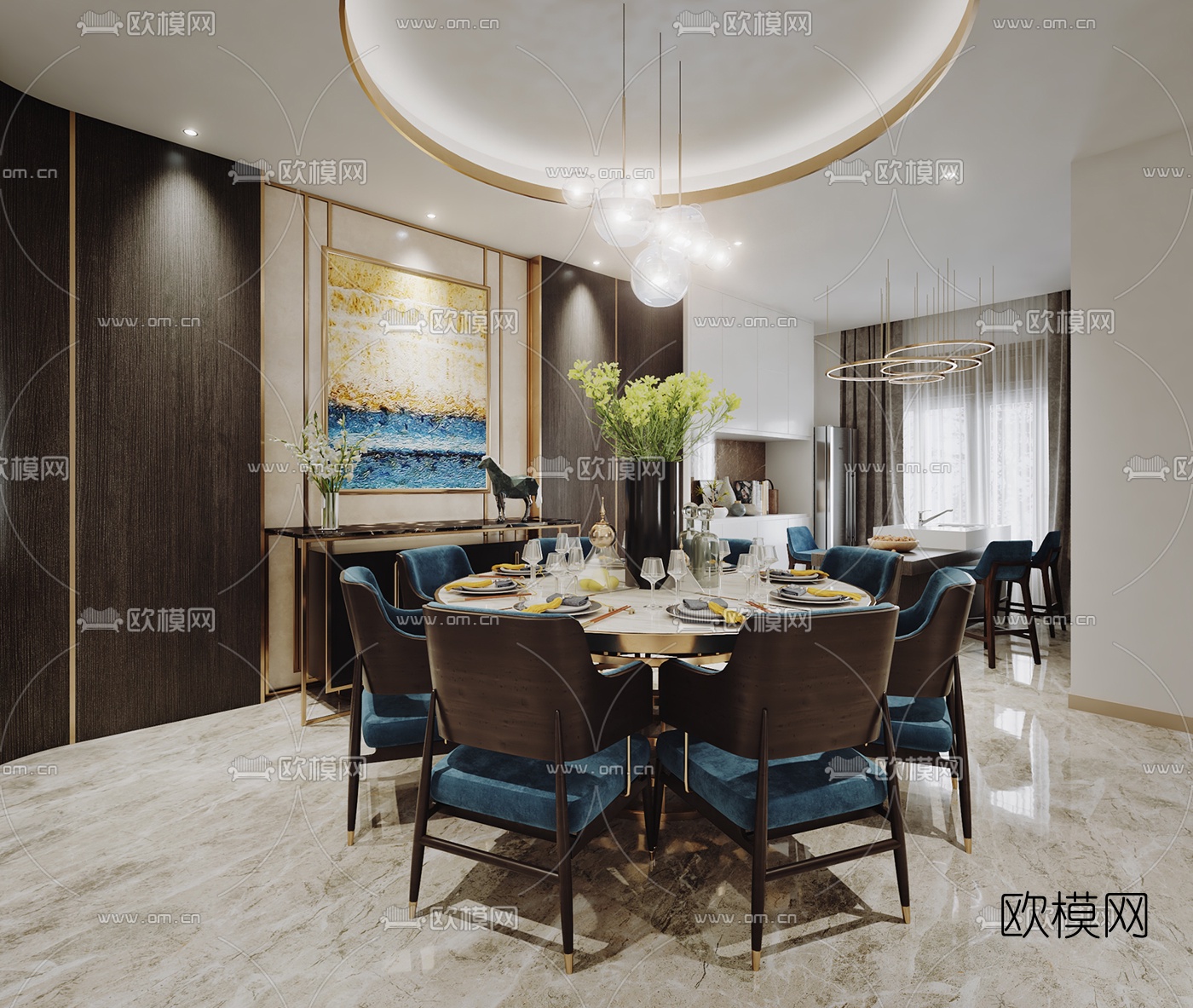 新中式复式客厅餐厅书房3D模型
