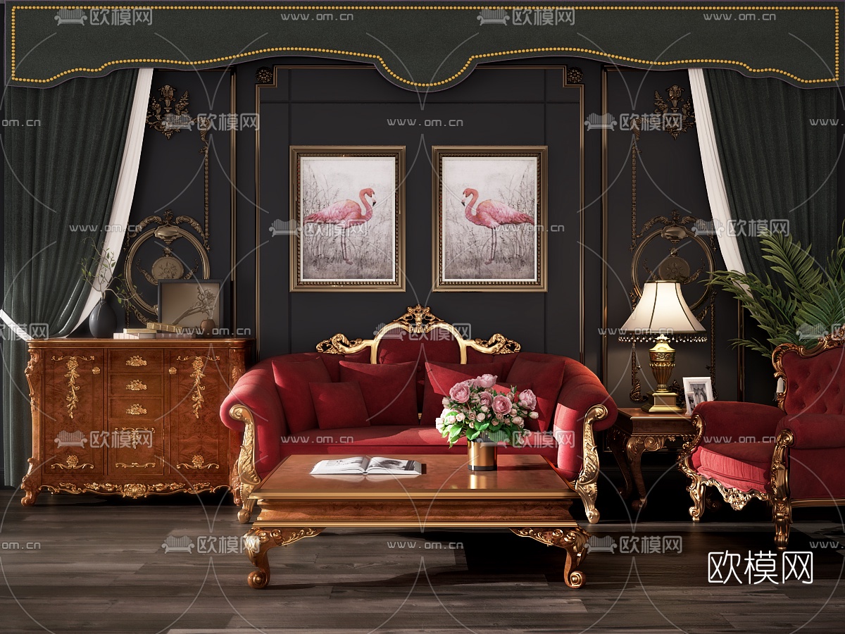 欧式沙发茶几边柜组合3D模型下载