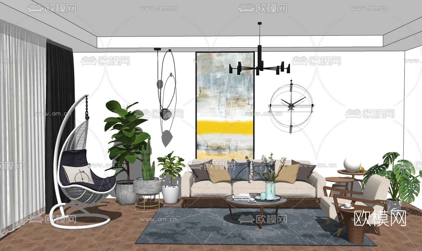 北欧布艺沙发组合su模型下载（渲染图1）