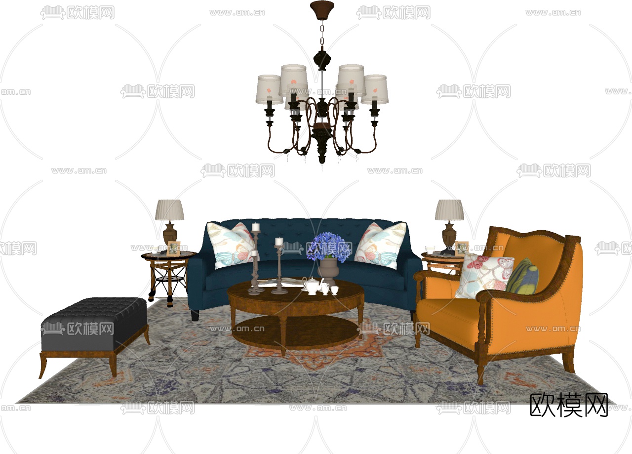 美式皮革沙发组合su模型下载（渲染图2）