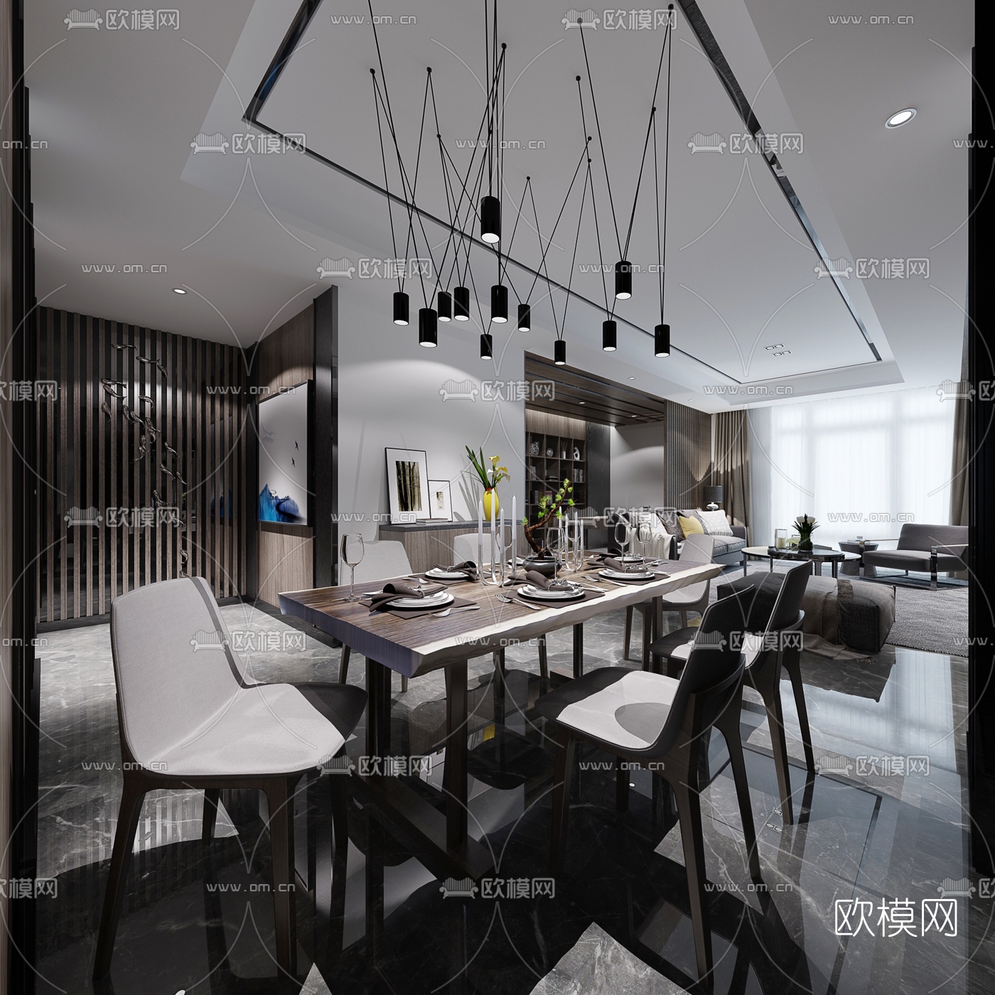 现代高级灰客厅餐厅3D模型